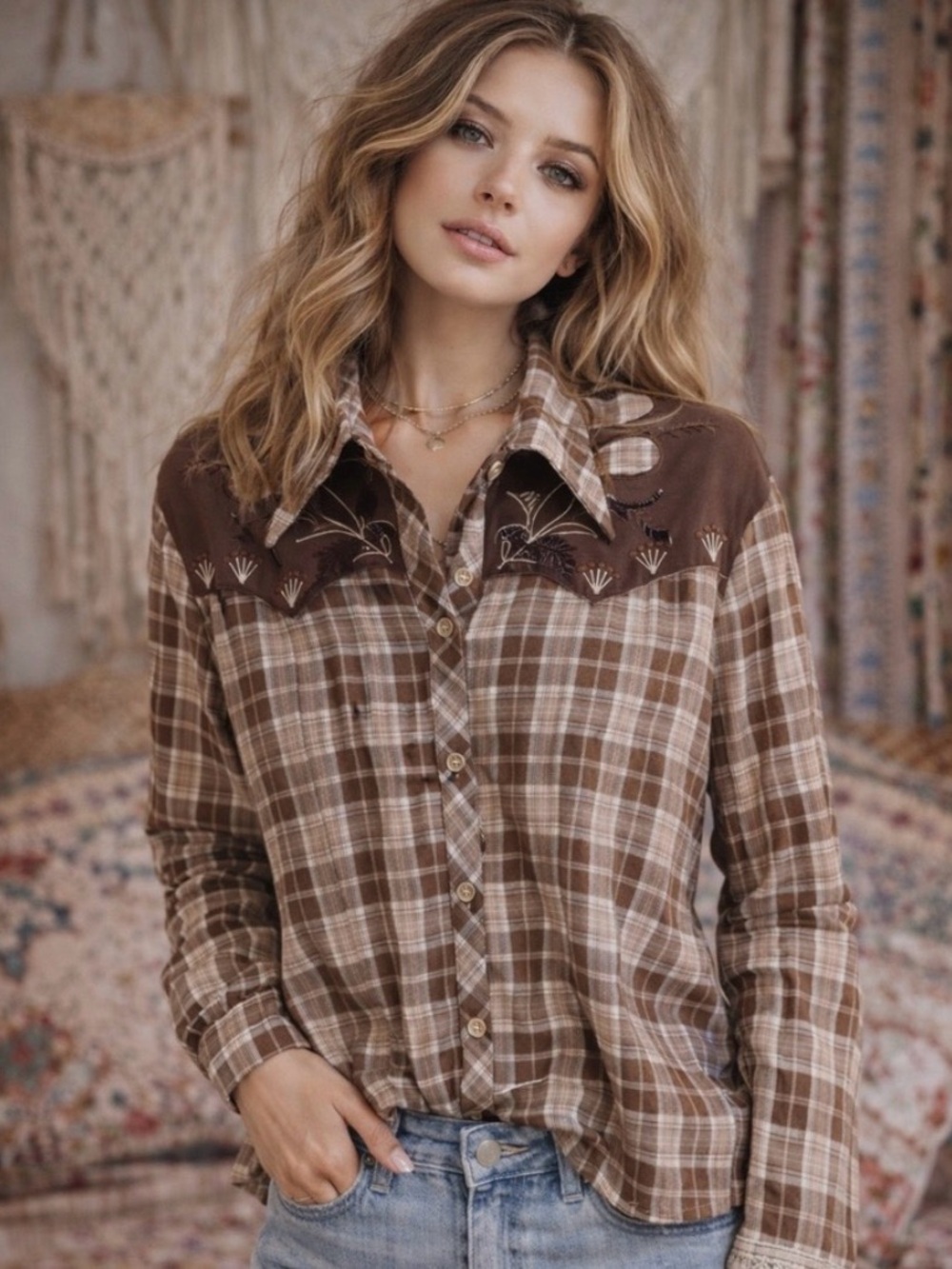 Brown Plaid Western Yoke Button-Up Shirt